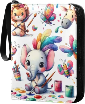 Cute Animal Painted Card Binder 4-Pockets, 400 Pockets Card Holder with 50 Removable Sleeves, Trading Card Collector Zipper Album Holder, Collector Album