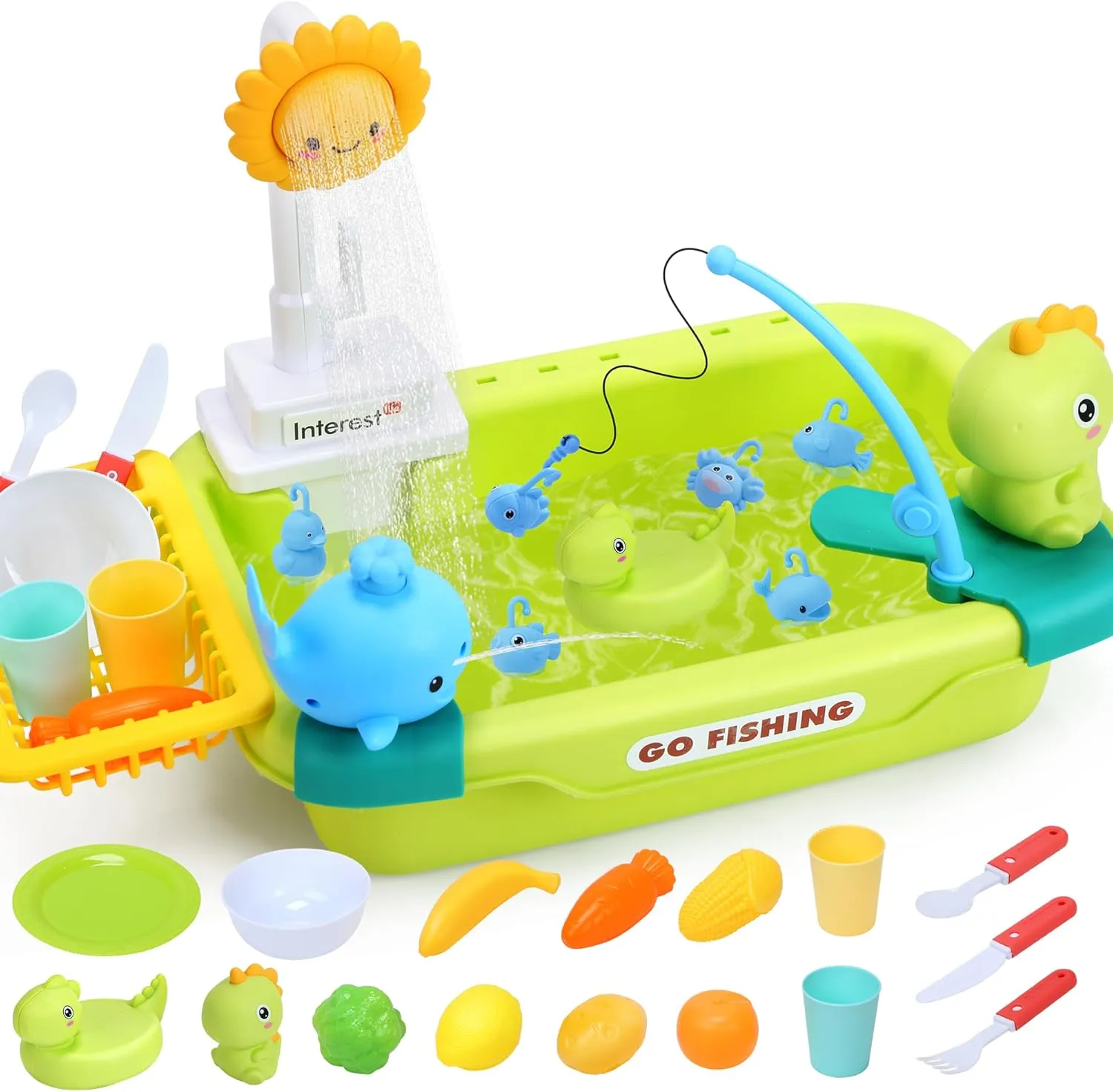 CUTE STONE Kids Sink with Running Water, Play Sink with Upgraded Electric Faucet, Play Kitchen Accessories, Floating Pool Toys & Pretend Play Dishwasher Toys, Summer Water Toys for Boys Girls