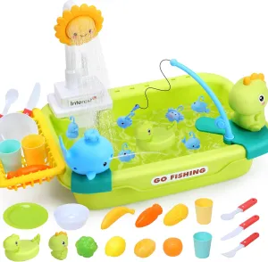 CUTE STONE Kids Sink with Running Water, Play Sink with Upgraded Electric Faucet, Play Kitchen Accessories, Floating Pool Toys & Pretend Play Dishwasher Toys, Summer Water Toys for Boys Girls