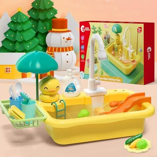 CUTE STONE Play Sink with Running Water, Kitchen Sink Toys with Play Food and Kitchen Utensils, Pool Floating Toys for Fishing Game, Children Role Play Electric Dishwasher Toy Gift for Boys Girls