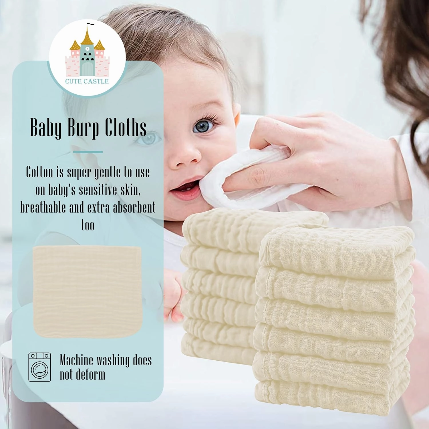 Cute Castle 12 Pack Muslin Burp Cloths for Baby - Ultra-Soft 100% Cotton Baby Washcloths - Large 20'' by 10'' Super Absorbent Milk Spit Up Rags - Burpy Cloths for Unisex, Boy, Girl - Ivory