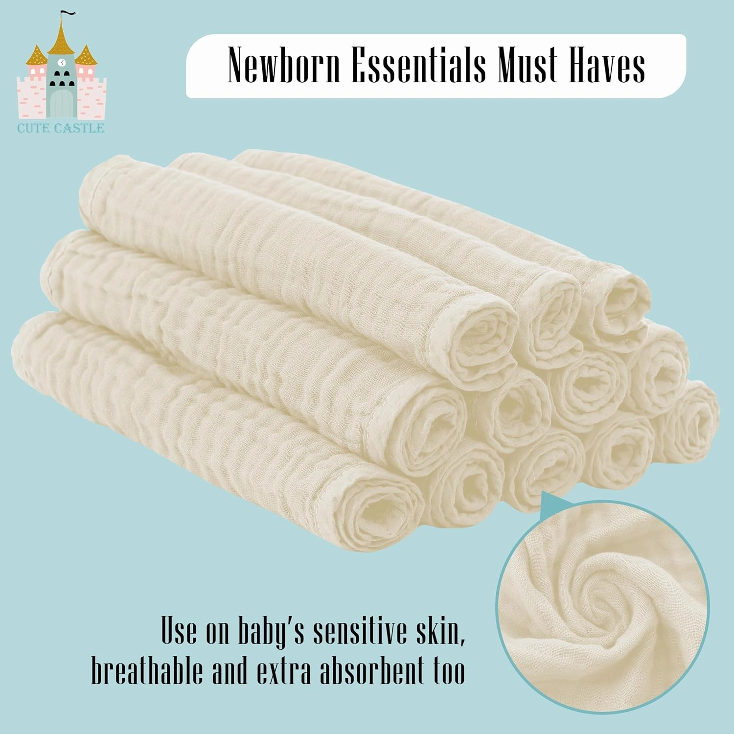 Cute Castle 12 Pack Muslin Burp Cloths for Baby - Ultra-Soft 100% Cotton Baby Washcloths - Large 20'' by 10'' Super Absorbent Milk Spit Up Rags - Burpy Cloths for Unisex, Boy, Girl - Ivory