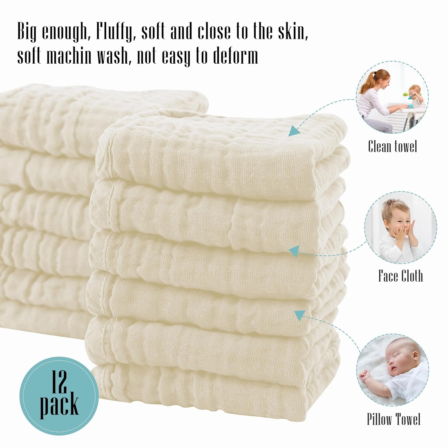 Cute Castle 12 Pack Muslin Burp Cloths for Baby - Ultra-Soft 100% Cotton Baby Washcloths - Large 20'' by 10'' Super Absorbent Milk Spit Up Rags - Burpy Cloths for Unisex, Boy, Girl - Ivory