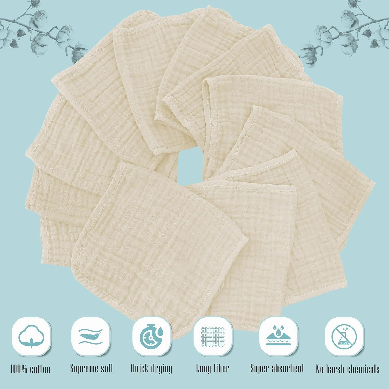 Cute Castle 12 Pack Muslin Burp Cloths for Baby - Ultra-Soft 100% Cotton Baby Washcloths - Large 20'' by 10'' Super Absorbent Milk Spit Up Rags - Burpy Cloths for Unisex, Boy, Girl - Ivory