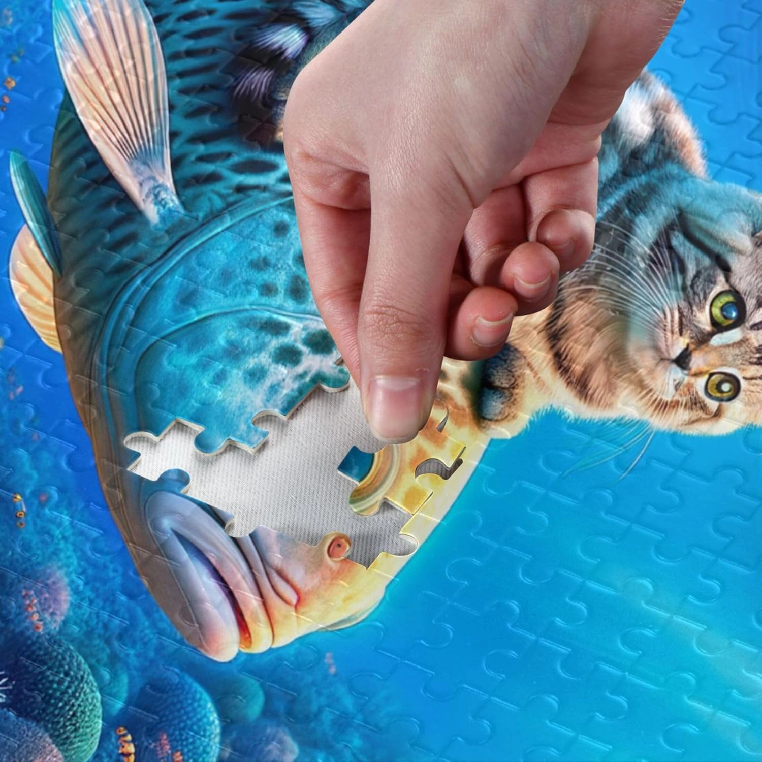 Cute Cat Riding Fish Jigsaw Puzzle 500 Pieces Adult Gifts for White Elephant Game Custom Scene Colorful Puzzles Fine Art Painting, 20.5" x 14.9"
