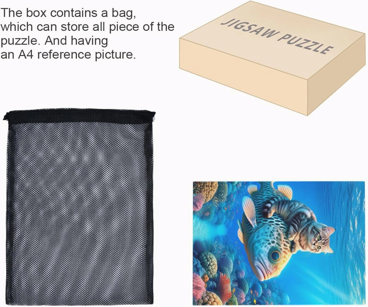 Cute Cat Riding Fish Jigsaw Puzzle 500 Pieces Adult Gifts for White Elephant Game Custom Scene Colorful Puzzles Fine Art Painting, 20.5" x 14.9"