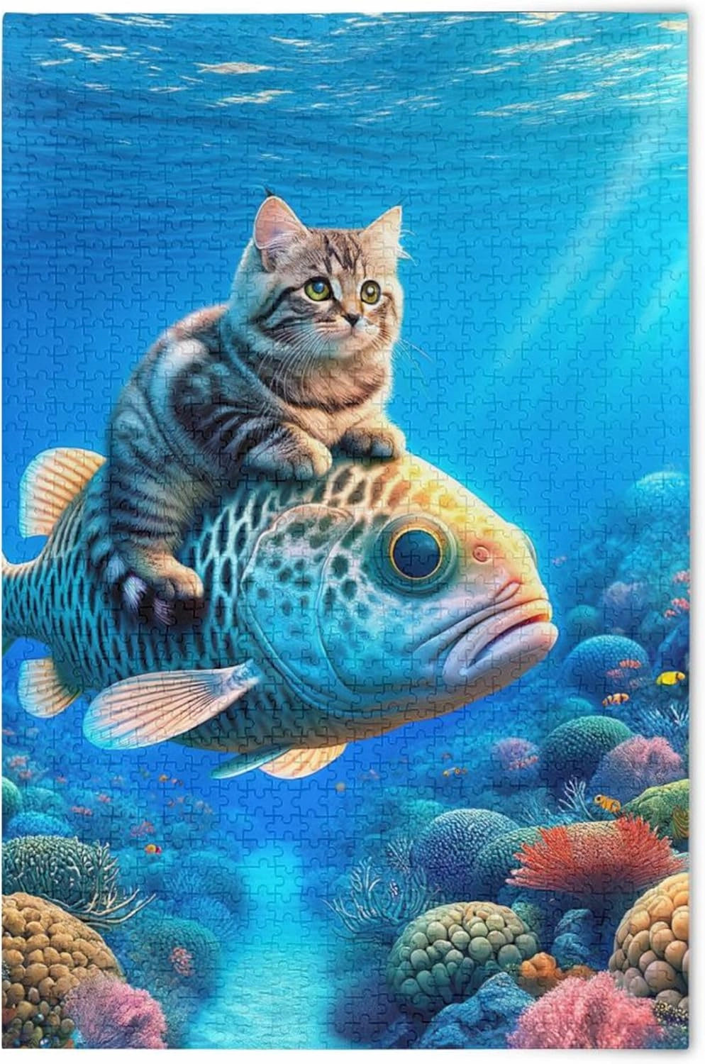 Cute Cat Riding Fish Jigsaw Puzzle 500 Pieces Adult Gifts for White Elephant Game Custom Scene Colorful Puzzles Fine Art Painting, 20.5" x 14.9"