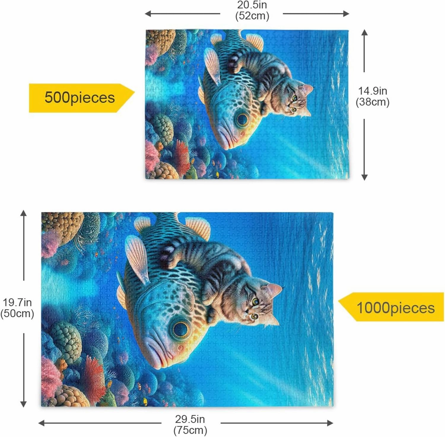 Cute Cat Riding Fish Jigsaw Puzzle 500 Pieces Adult Gifts for White Elephant Game Custom Scene Colorful Puzzles Fine Art Painting, 20.5" x 14.9"