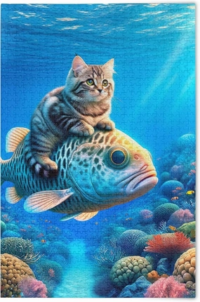 Cute Cat Riding Fish Jigsaw Puzzle 500 Pieces Adult Gifts for White Elephant Game Custom Scene Colorful Puzzles Fine Art Painting, 20.5" x 14.9"