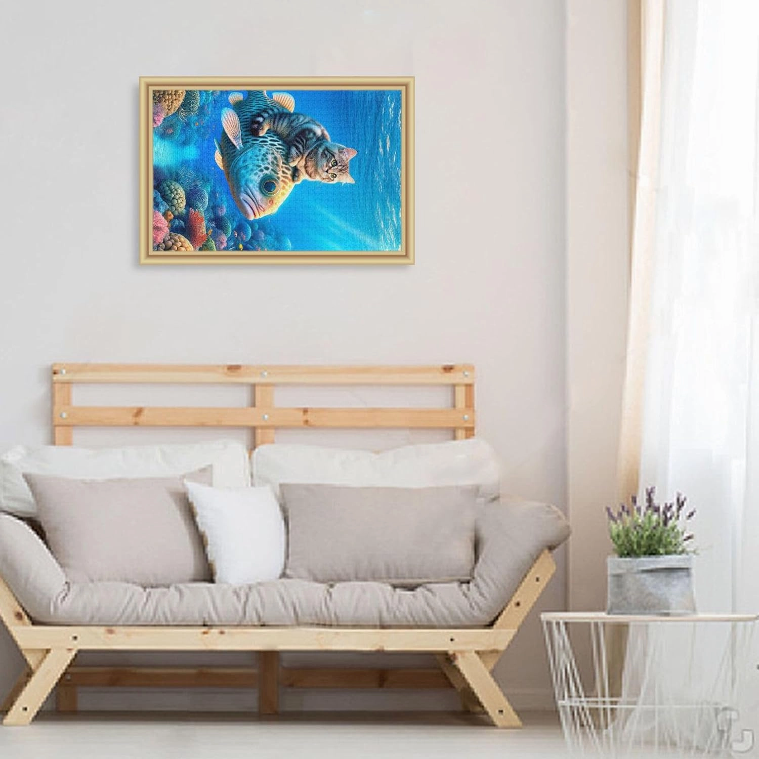 Cute Cat Riding Fish Jigsaw Puzzle 500 Pieces Adult Gifts for White Elephant Game Custom Scene Colorful Puzzles Fine Art Painting, 20.5" x 14.9"