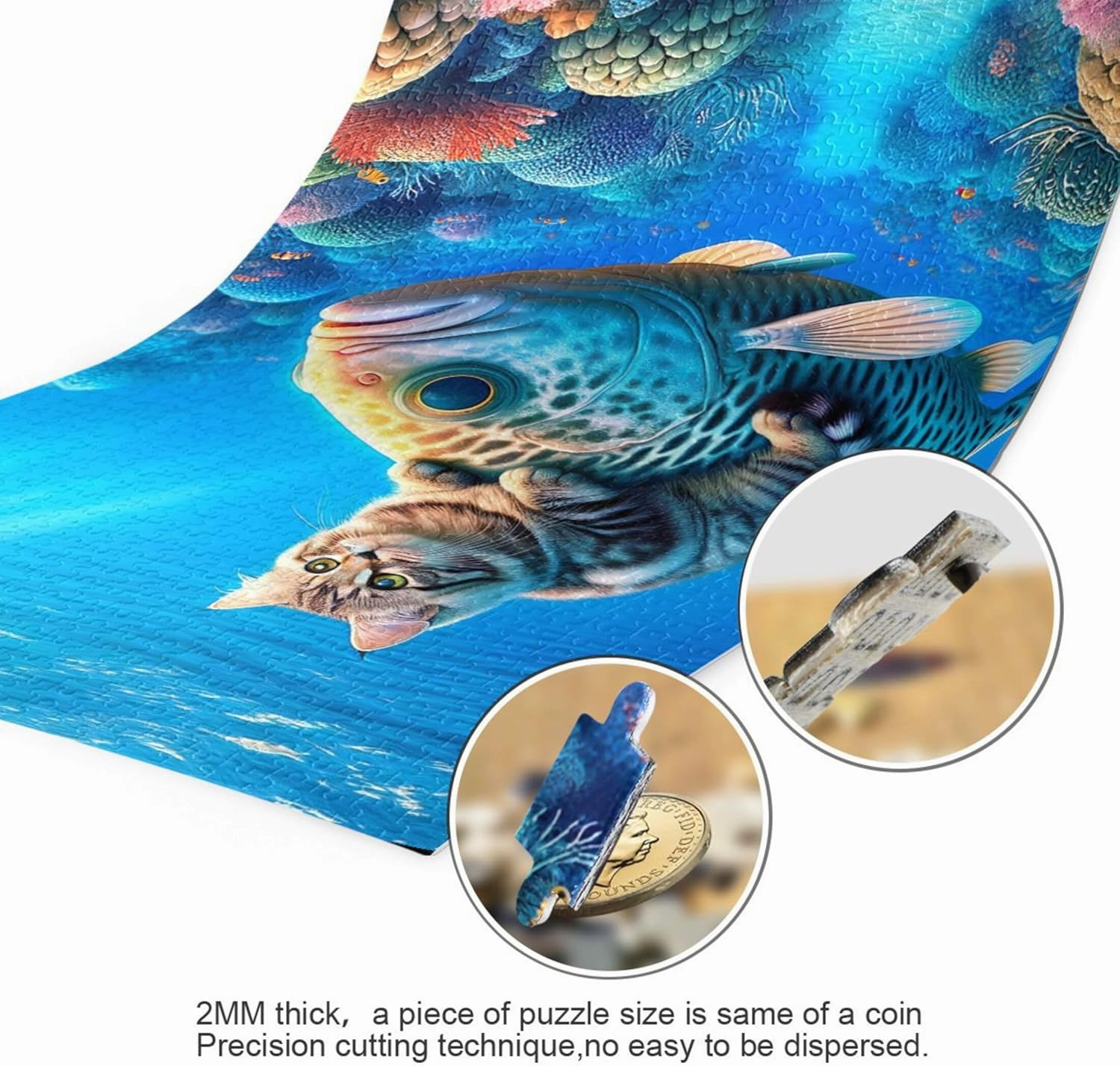 Cute Cat Riding Fish Jigsaw Puzzle 500 Pieces Adult Gifts for White Elephant Game Custom Scene Colorful Puzzles Fine Art Painting, 20.5" x 14.9"