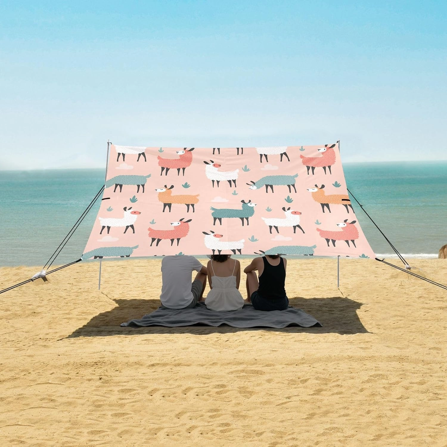 Cute Colorful Alpaca Beach Canopy Tent Anti-UV & Wind Resistant, Camping Sun Shelter Easy Setup Portable,Outdoor Shade Tents with Sandbags,Sand Shovels,Ground Pegs & Stability Poles