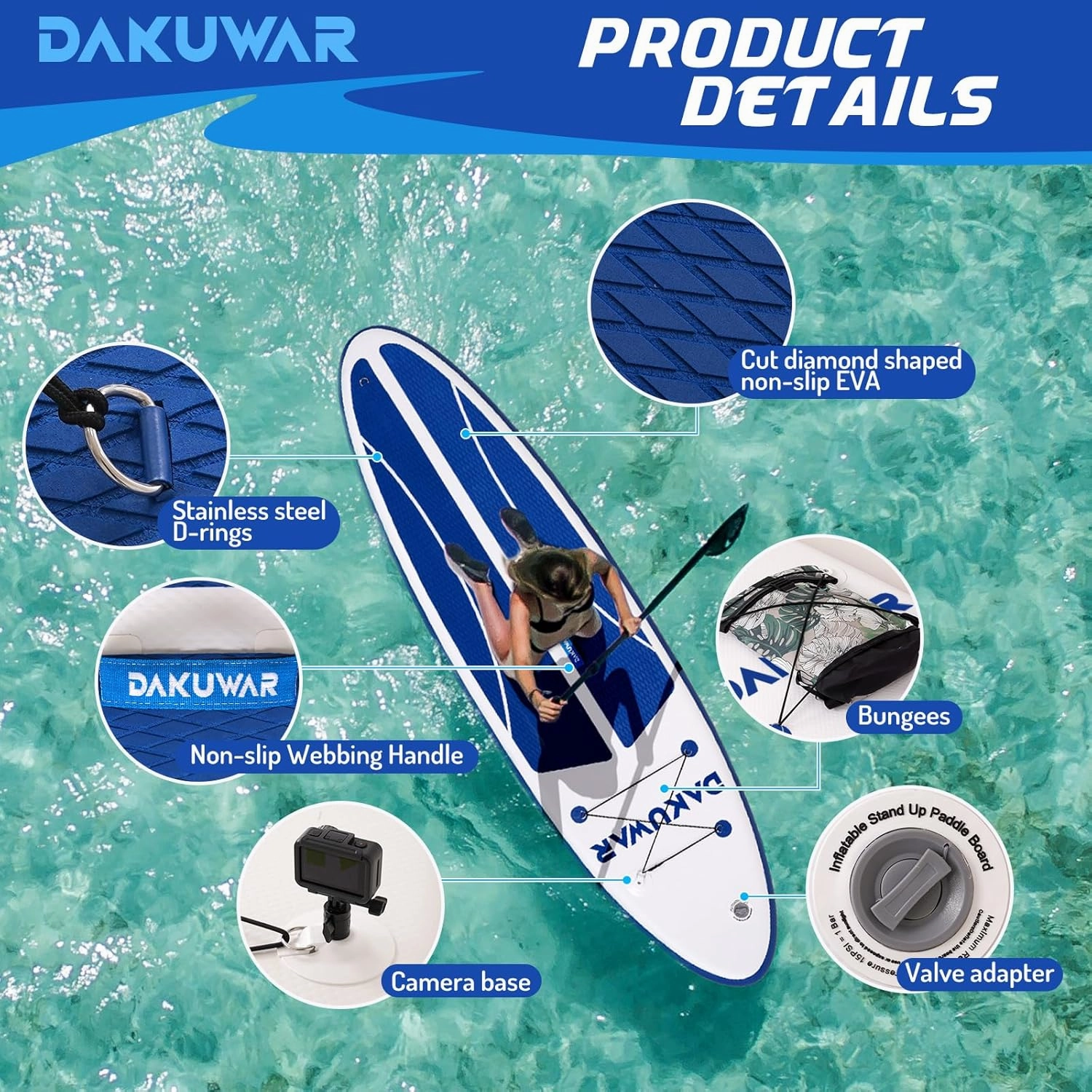 DAKUWAR Paddle Board 10'6''/10' Inflatable Stand Up Paddle Boards with SUP Accessories Ultra-Light Paddleboard Non-Slip Comfort Deck for Adults & Youth of All Skill Levels