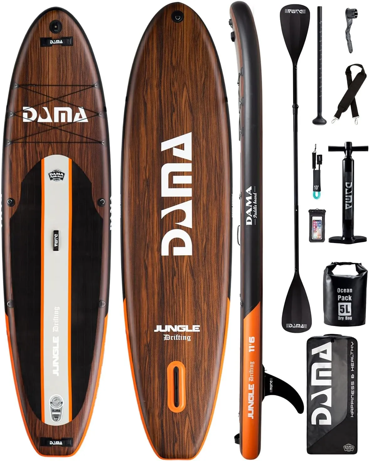 DAMA 9'6"/10'6"/11' Inflatable Stand Up Paddle Board, Yoga Board, Camera Seat, Floating Paddle, Hand Pump, Board Carrier, Waterproof Bag, Drop Stitch, Traveling Board for Surfing