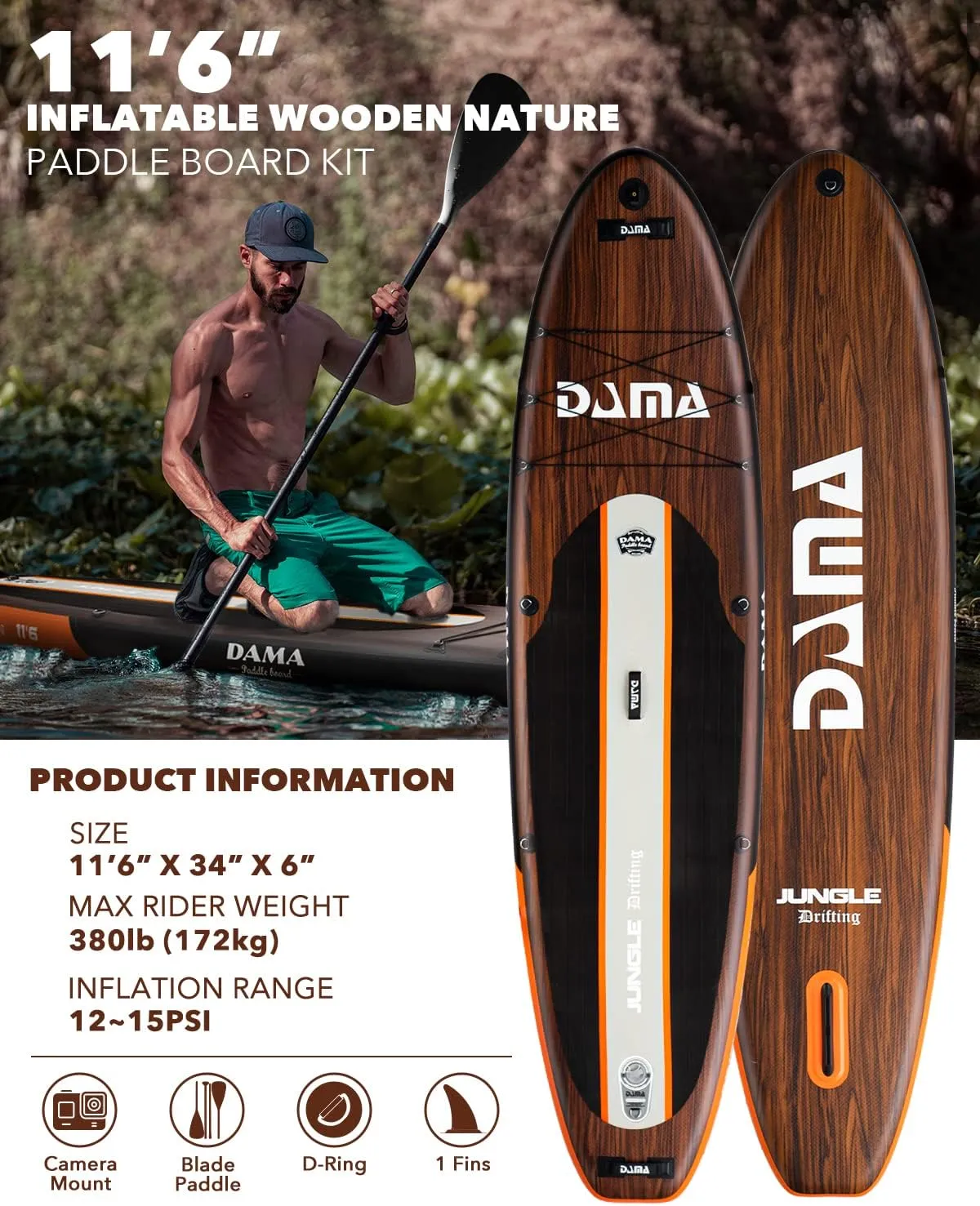 DAMA 9'6"/10'6"/11' Inflatable Stand Up Paddle Board, Yoga Board, Camera Seat, Floating Paddle, Hand Pump, Board Carrier, Waterproof Bag, Drop Stitch, Traveling Board for Surfing