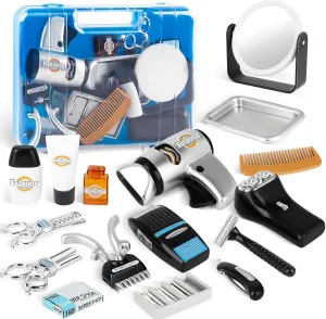 deAO Barber Shop Kids Shaving Kit for Boys Pretend Play Toy Hair Styling, Realistic Salon Role Play with Hairdryer, Shaving Tools, Barber Accessories with Case, Birthday Christmas Gift for Boys Girls