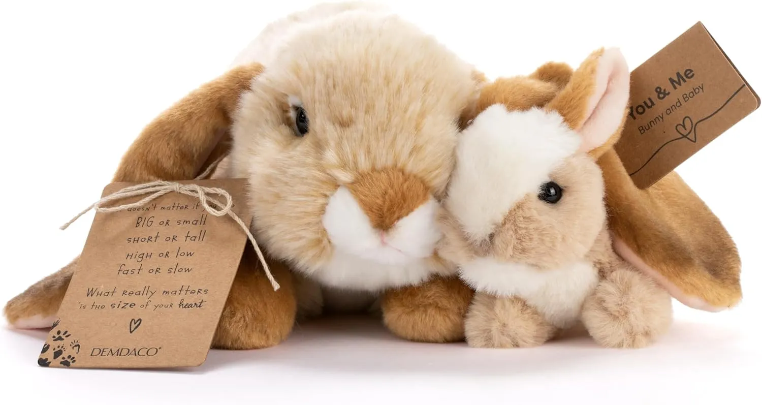 DEMDACO Animalcraft 11 x 10.5 Inch, Polyester, Cuddly, Soft Plush, Toy, Stuffed Animal, Brown and White, Bunny Rabbit Mother & Baby