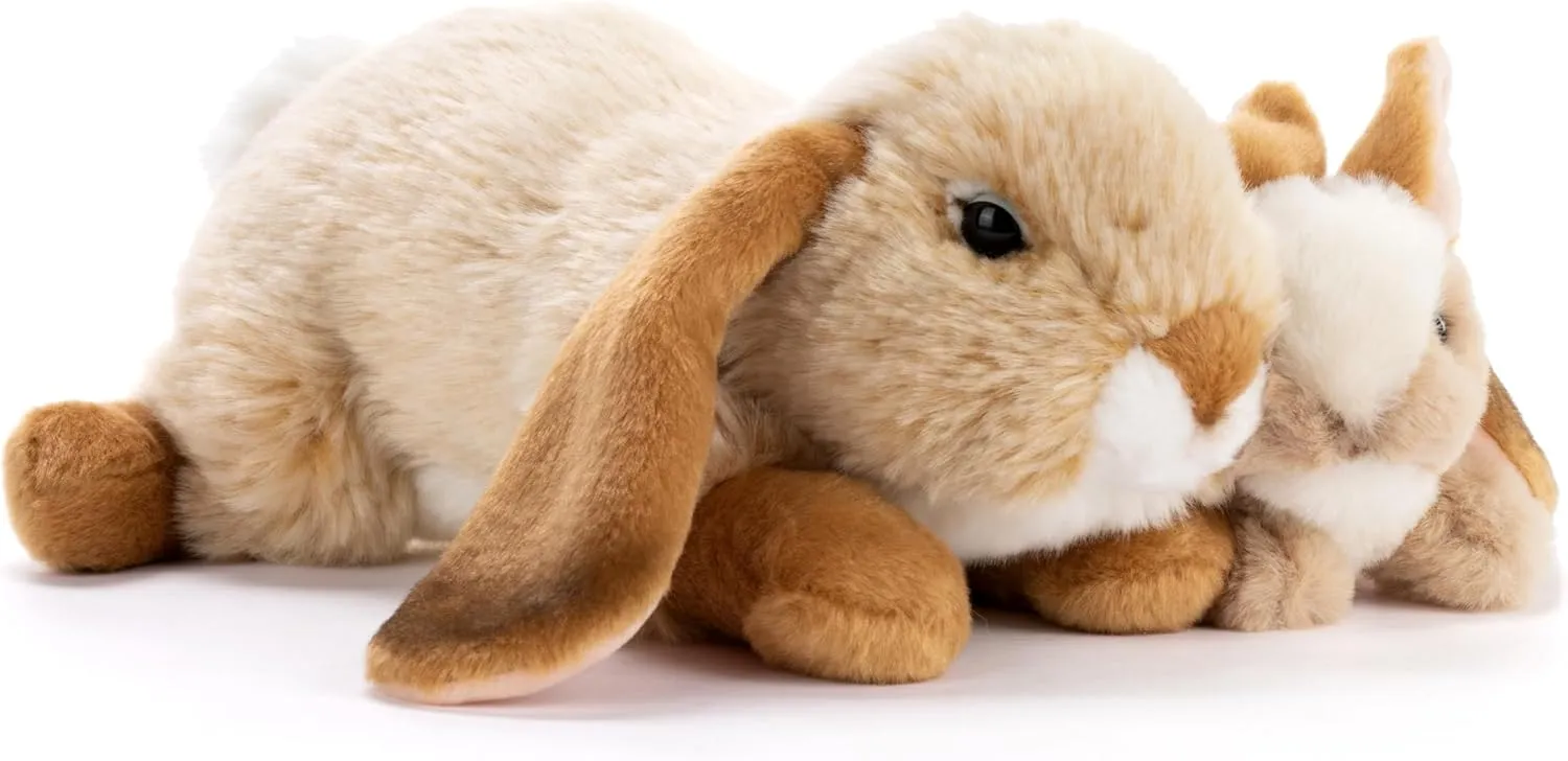 DEMDACO Animalcraft 11 x 10.5 Inch, Polyester, Cuddly, Soft Plush, Toy, Stuffed Animal, Brown and White, Bunny Rabbit Mother & Baby