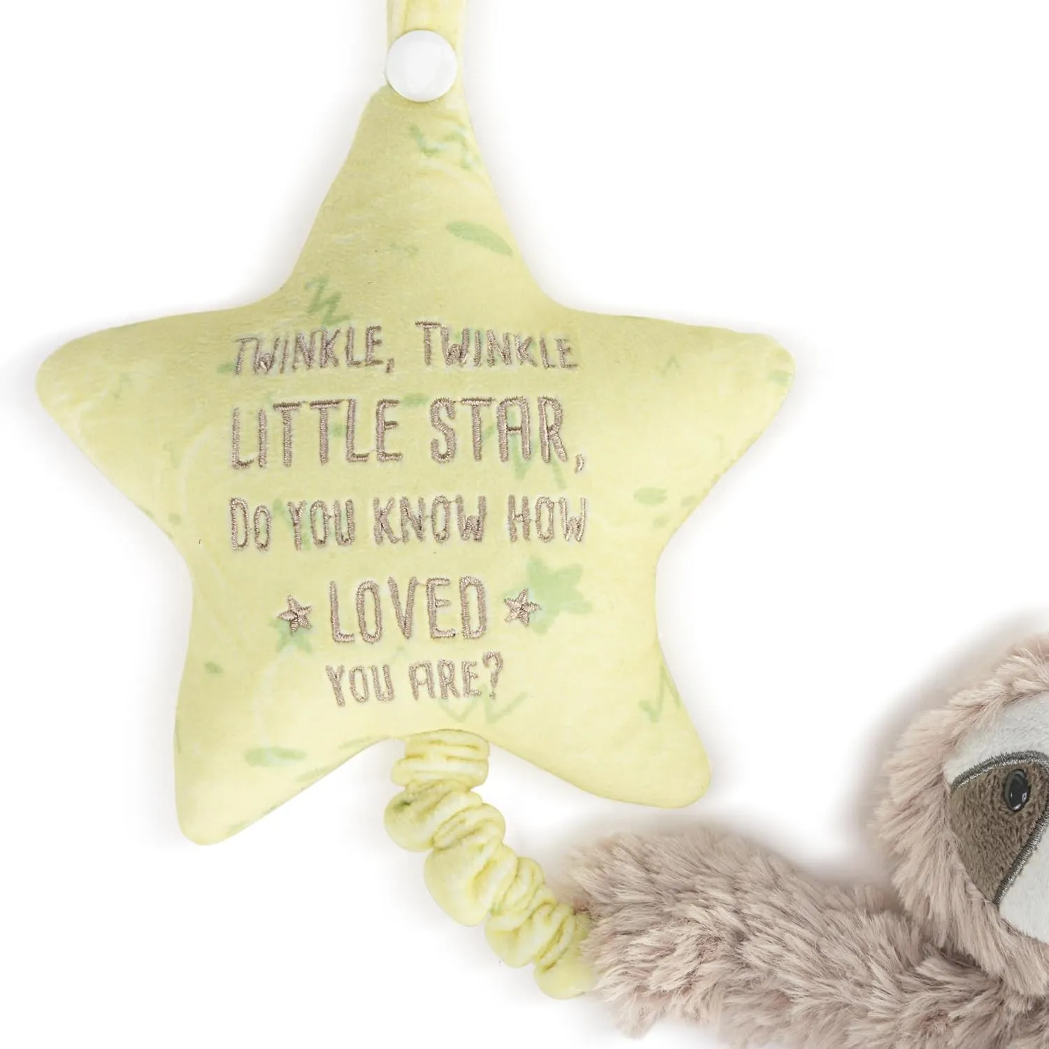 DEMDACO Musical Pull Toy 22 x 6 Inch Polyester, Soft Cuddly, Plush Stuffed Animal, Plays Twinkle, Twinkle, Little Star, Brown and Green, Sloth