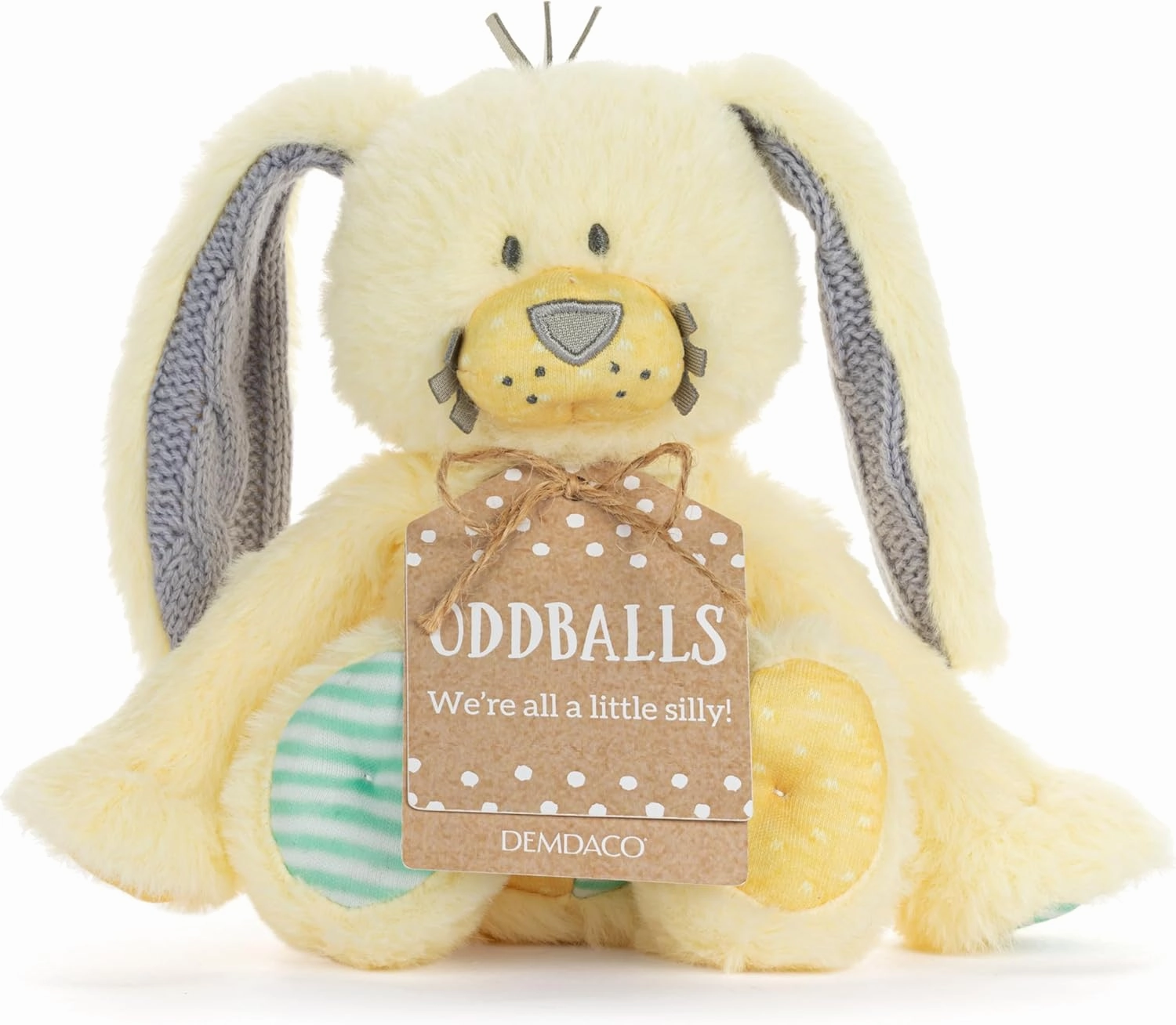 DEMDACO Oddball 7.5 x 6.5 Inch Polyester Soft Cuddly, Huggable, Toy, Plush Stuffed Animal, Yellow and Green, Bunny