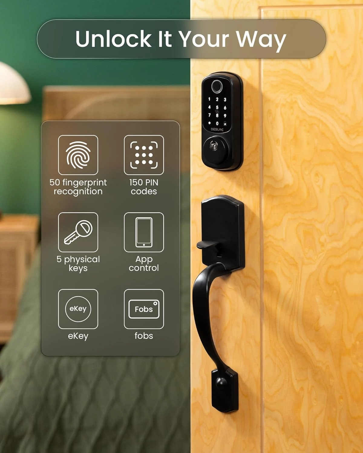 DESLOC B200 Keyless Entry Door Lock with Handle Set, Smart Locks for Front Door, Deadbolt Smart Lock, Front Door Locks Set, Electronic keypad Deadbolt with Handle, 12 Months Battery, IP54