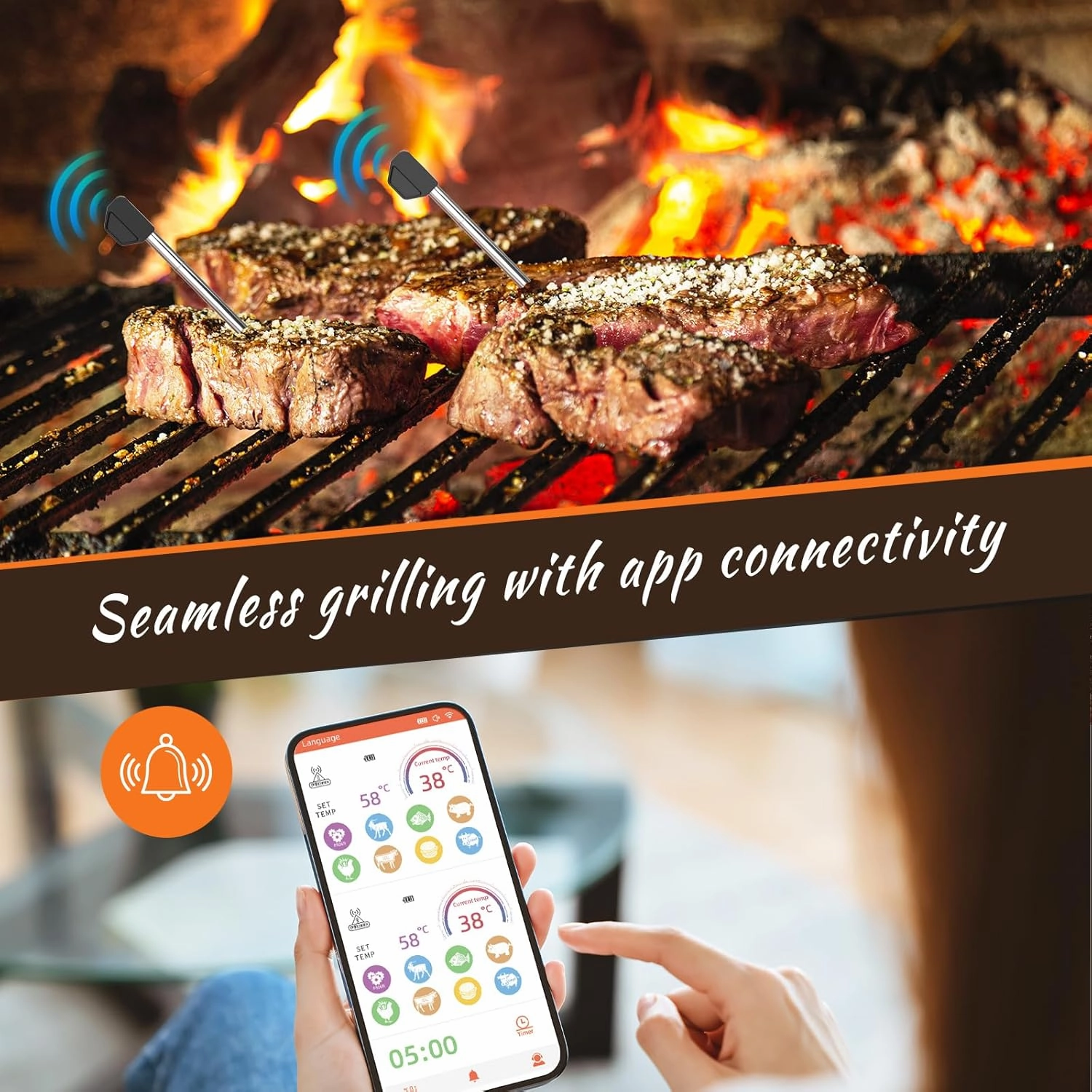 Digital Meat Thermometer, 500FT Wireless Meat Thermometer, Smart App Control, IP67 Waterproof Wireless Meat Probe Oven Safe, Bluetooth Meat Thermometer for Grilling, Kitchen, Cooking BBQ (2)