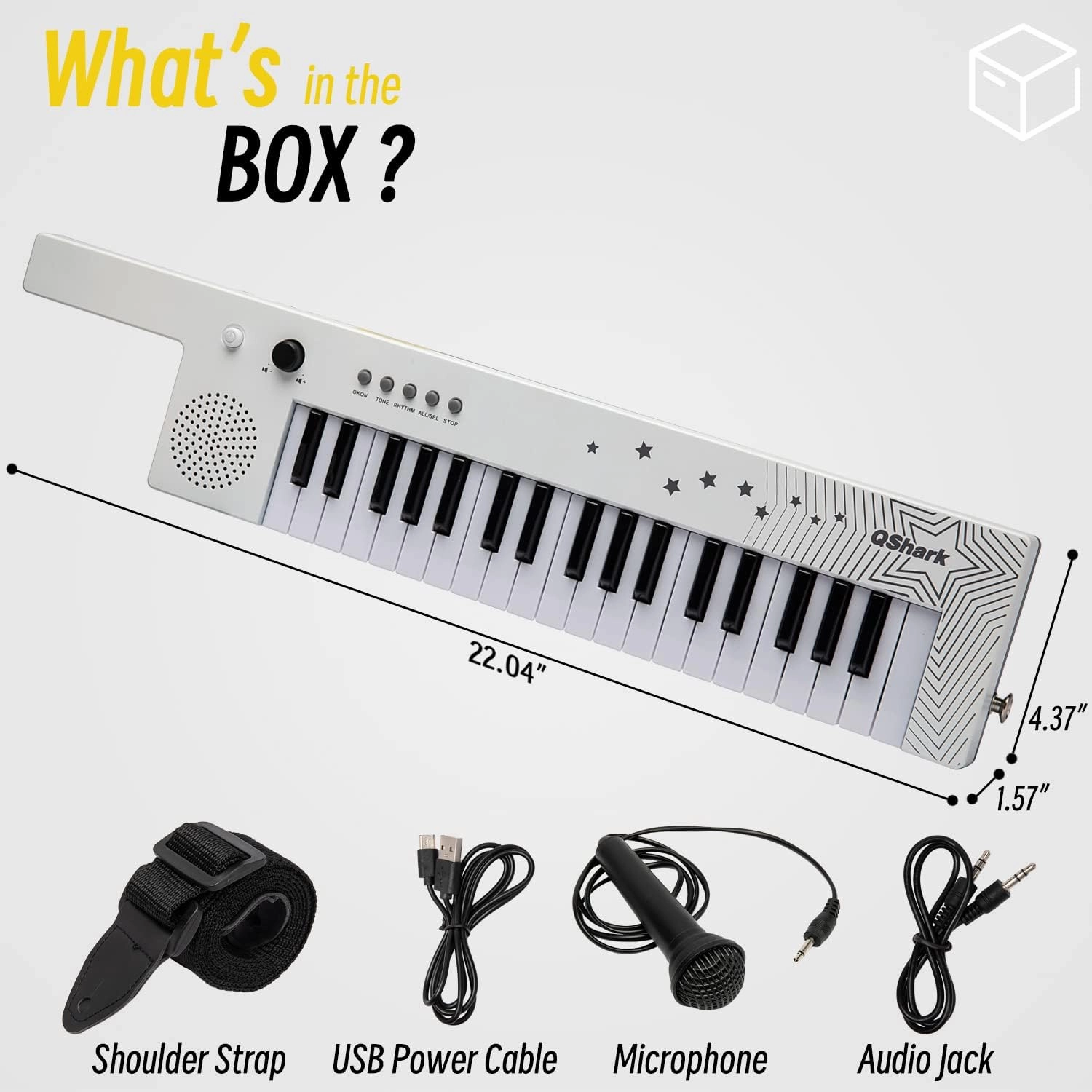 Digital Piano Keyboard 37 Keys, Portable Karaoke Keytar w/Microphone & Carry Strap, 4 Tones, 4 Rhythms, 10 Demo Songs, Rechargeable, Guitar Birthday Gift Toy for Boys Girls Kid Age 3 , White