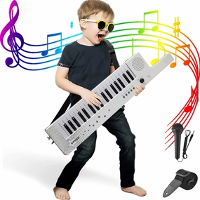 Digital Piano Keyboard 37 Keys, Portable Karaoke Keytar w/Microphone & Carry Strap, 4 Tones, 4 Rhythms, 10 Demo Songs, Rechargeable, Guitar Birthday Gift Toy for Boys Girls Kid Age 3 , White