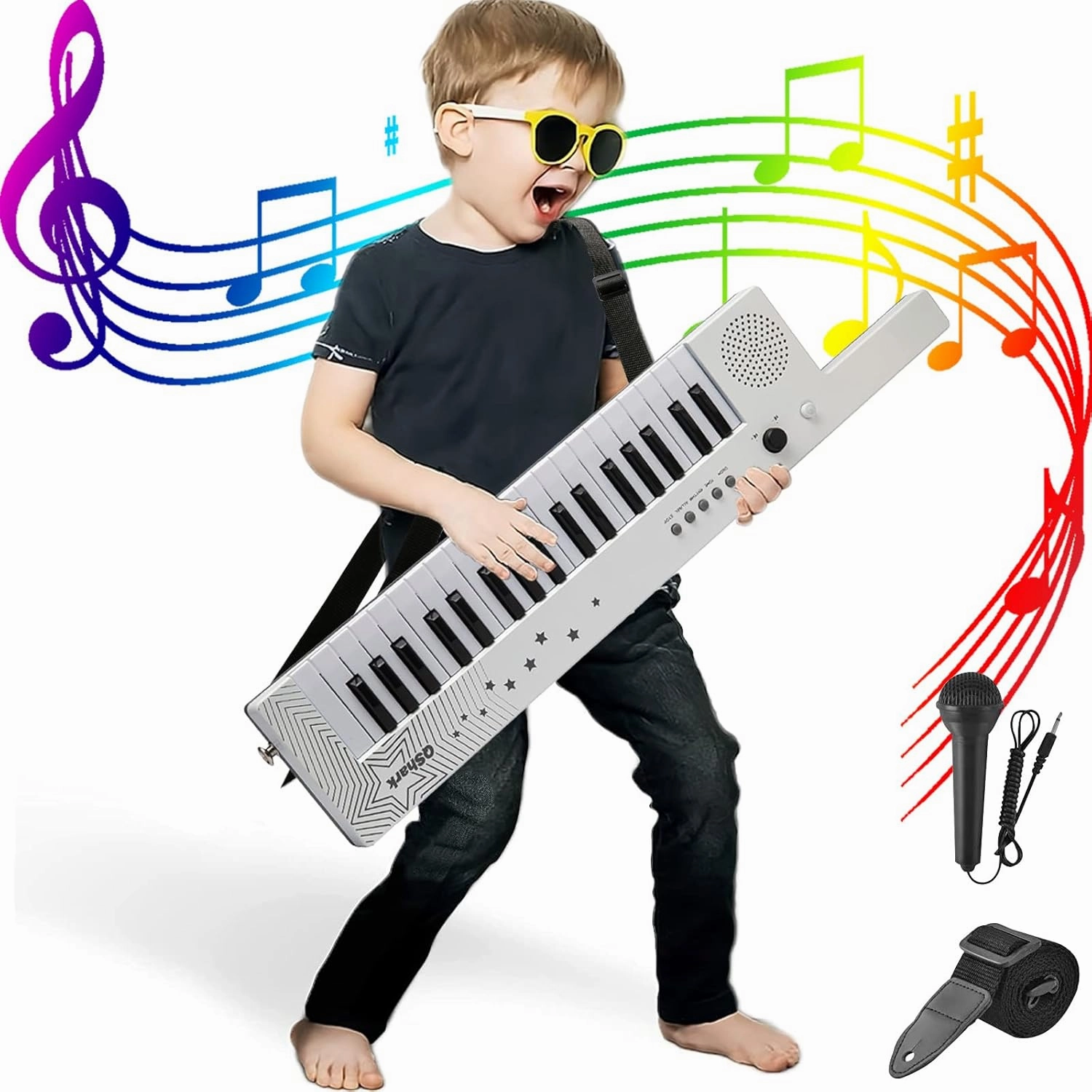 Digital Piano Keyboard 37 Keys, Portable Karaoke Keytar w/Microphone & Carry Strap, 4 Tones, 4 Rhythms, 10 Demo Songs, Rechargeable, Guitar Birthday Gift Toy for Boys Girls Kid Age 3 , White