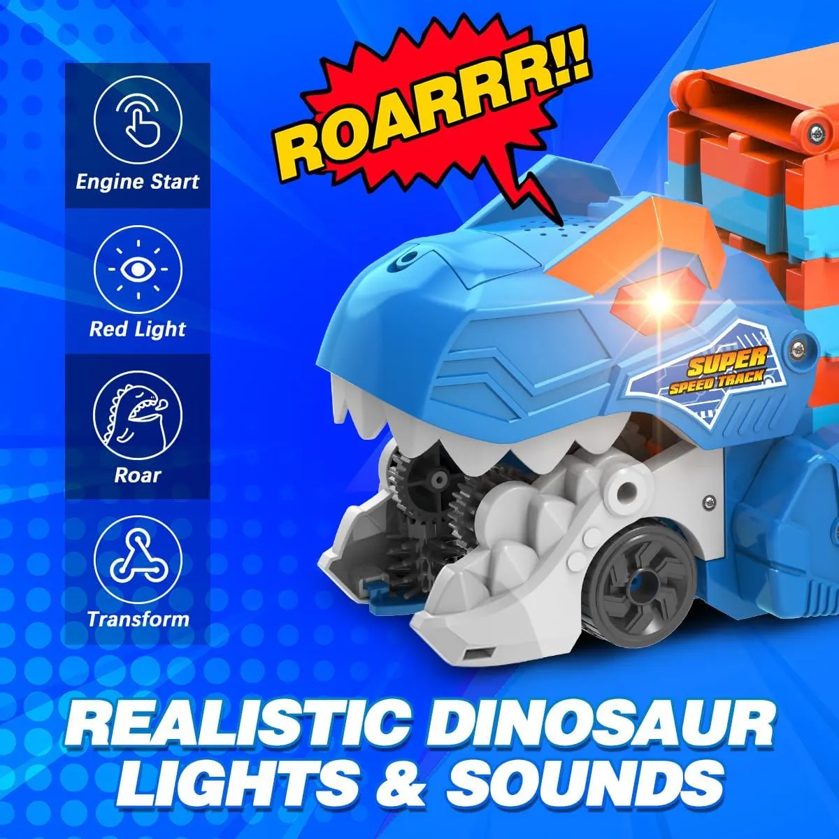 Dinosaur Transport Truck Car Toy for Kids - 3 in 1 Ejection Folding Track Toys w/Sound, Portable Truck with 8 Race Cars, Best Gift Carrier Vehicles Toys Set for Boys Girls 3 4 5 6 Years Old