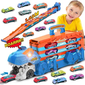 Dinosaur Transport Truck Car Toy for Kids - 3 in 1 Ejection Folding Track Toys w/Sound, Portable Truck with 8 Race Cars, Best Gift Carrier Vehicles Toys Set for Boys Girls 3 4 5 6 Years Old