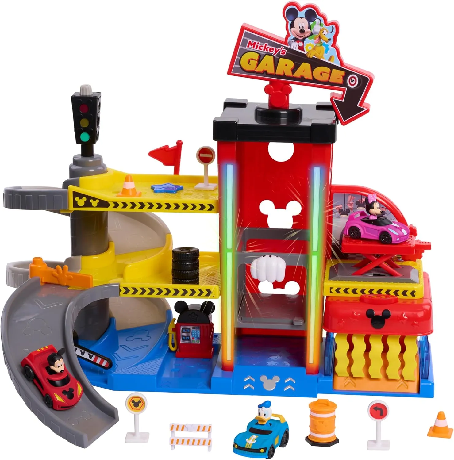 Disney Junior Mickey Mouse Ready to Race Toy Car Garage, Lights and Sounds, 20-piece Vehicle Playset, Includes Bonus Character, Amazon Exclusive, Kids Toys for Ages 3 Up by Just Play
