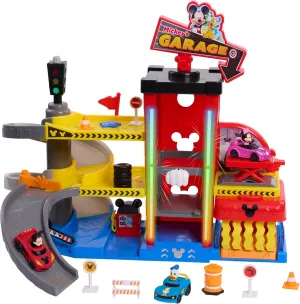 Disney Junior Mickey Mouse Ready to Race Toy Car Garage, Lights and Sounds, 20-piece Vehicle Playset, Includes Bonus Character, Amazon Exclusive, Kids Toys for Ages 3 Up by Just Play
