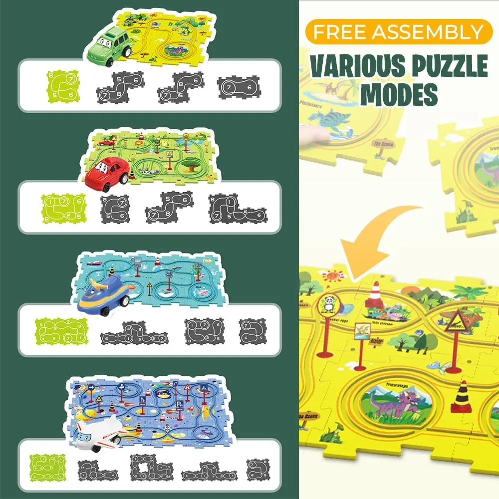 DIY Assembling Electric Trolley, Children's Educational Track Car Set, Toddler Puzzle Track Play Set with Vehicles, Rail Car Building Toys Puzzle DIY Electric Train Track for Kids (15PCS, Dinasour)