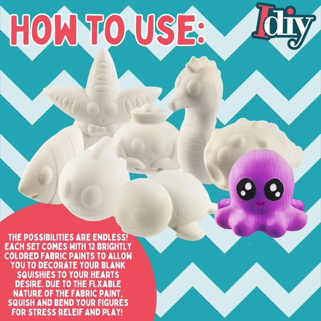 DIY Party Craft Kit Jumbo Ocean Pals Squishies (8 Unique Sea Animals w 12 Fabric Paints) -White Kawaii Scented Slow Rise Squishy Toys, Stress Relief Set, Summer Project, Birthday Activity Gift (4"-6")
