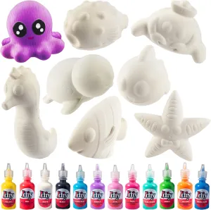 DIY Party Craft Kit Jumbo Ocean Pals Squishies (8 Unique Sea Animals w 12 Fabric Paints) -White Kawaii Scented Slow Rise Squishy Toys, Stress Relief Set, Summer Project, Birthday Activity Gift (4"-6")