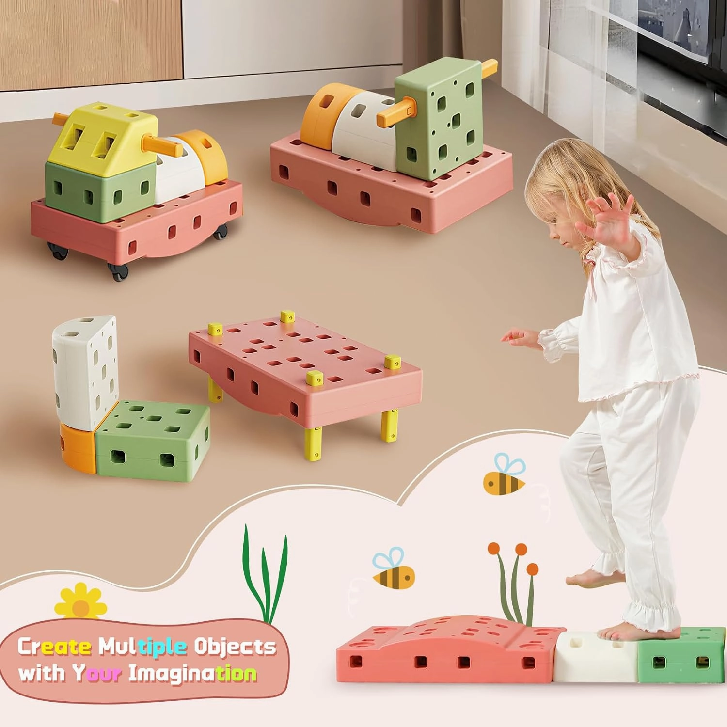 DIY Giant Building Blocks Set for Toddler - Big Stacking Soft Blocks with Wheels for Kids with Shape & Color Learning - Large Blocks Cars Educational STEM Toy for 3 4 5 6 7 8