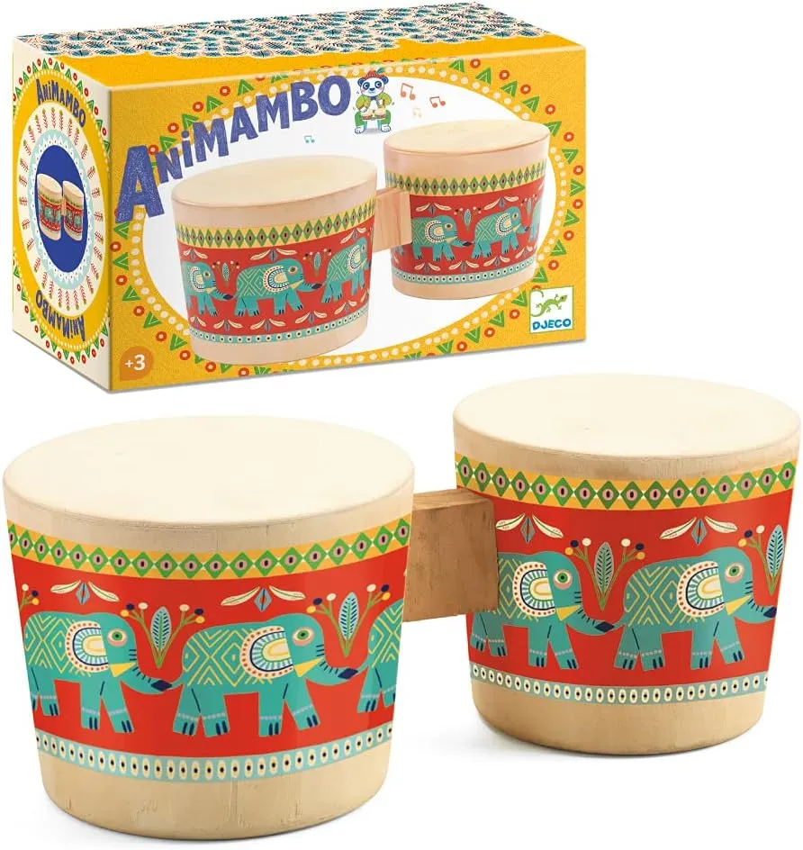 DJECO Animambo Bongo - Safe Music Instrument for Kids, Cute Educational Toddler Musical Toy for Motor Skills, Creativity, Imagination & Rythym - Toys for 3  Years Girls & Boys