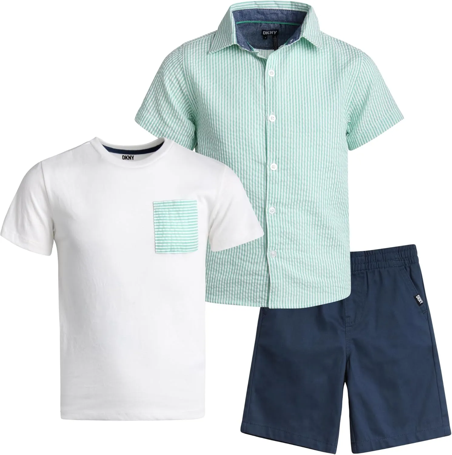 DKNY Boys' Short Set - 3 Piece Short Sleeve Button Down Shirt, Crew Neck T-Shirt, and Twill Shorts for Boys (Sizes: 2T-7)