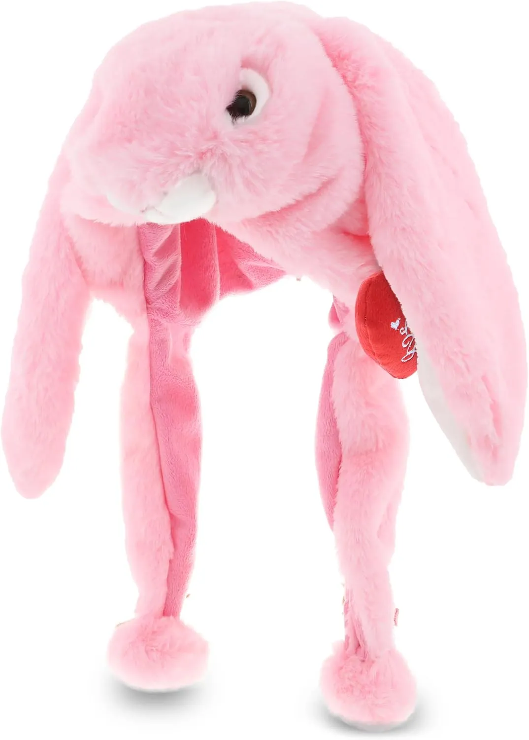 DolliBu I LOVE YOU Valentine Plush Pink Bunny Hat - Cute Stuffed Animal with Red Heart And Name Personalization Gift For Valentine's Day, Birthday, Anniversary, Romantic Date - 16.5 Inches
