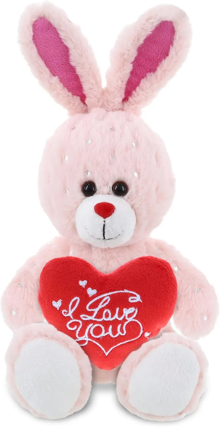 DolliBu I Love You Valentine Plush Rose Gold Bunny - Cute Stuffed Animal with Red Heart and Name Personalization Gift for Valentines Day, Birthday, Anniversary, Romantic Date - 8 Inches