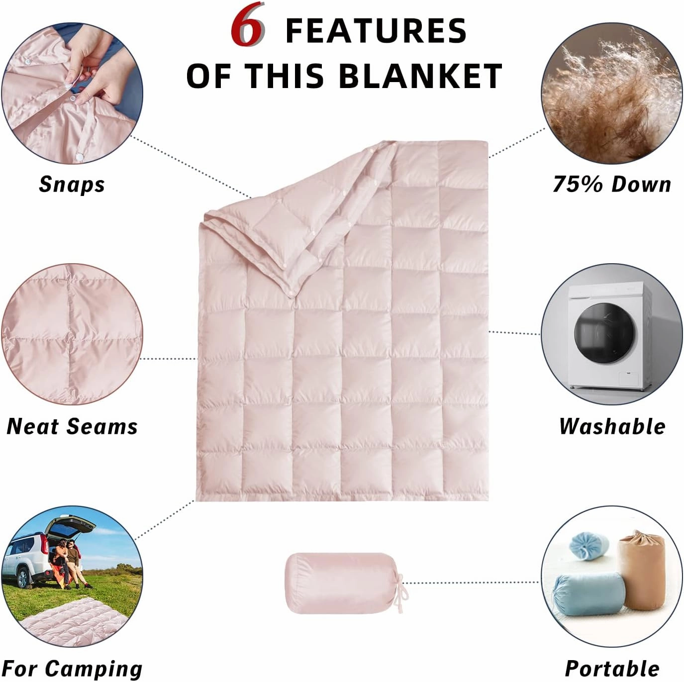 Down Camping Blanket,Puffy Down Blanket Packable Lightweight Down Throw Quilt Water-Resistant Outdoor Travel Blanket for Camping,Hiking,Stadium,Picnic,Car 50x77''Cherry Pink