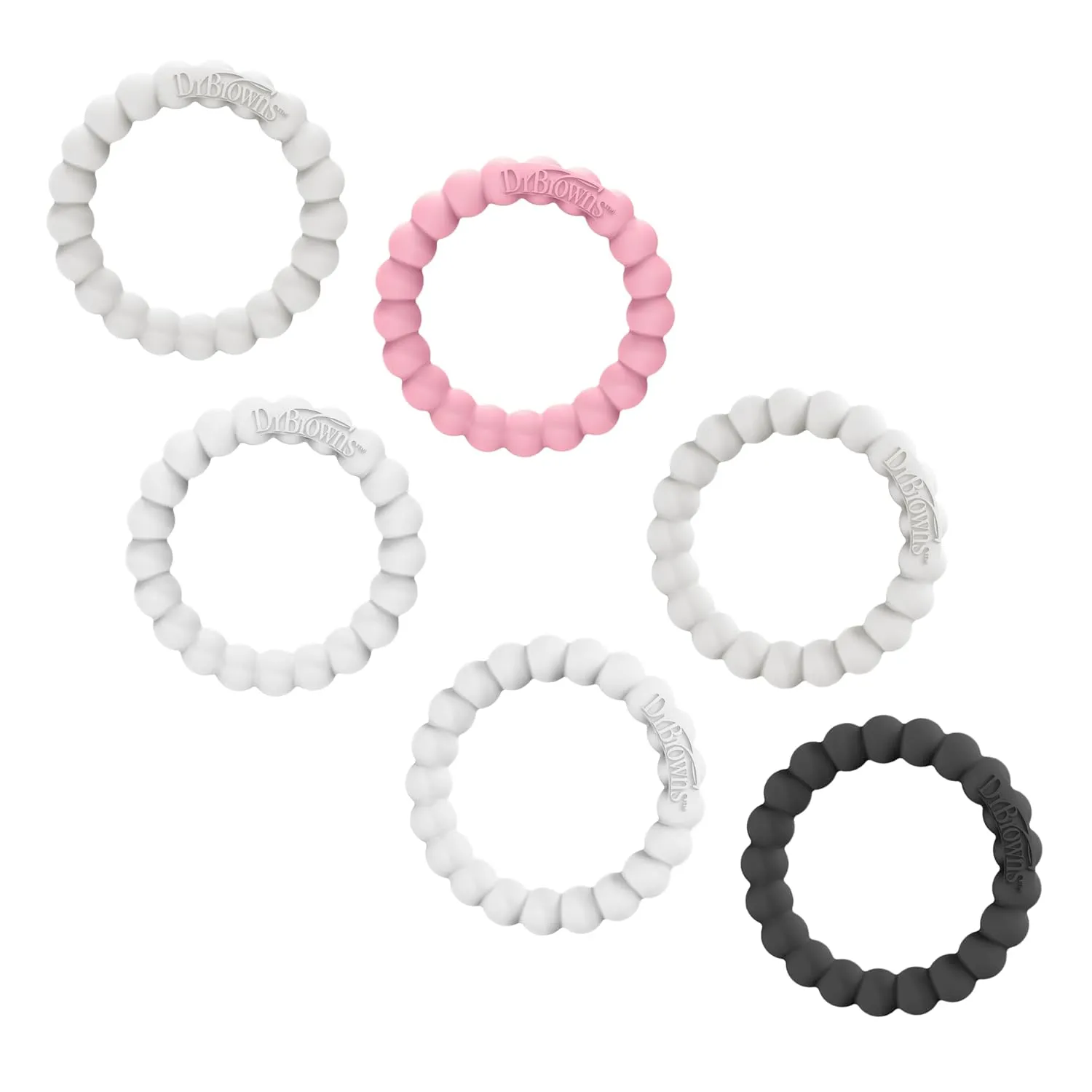 Dr. Brown's Flexees Beaded Baby Teether Rings,Soft 100% Silicone,6 Pack,Black,White,Gray,Pink,BPA Free,3m 