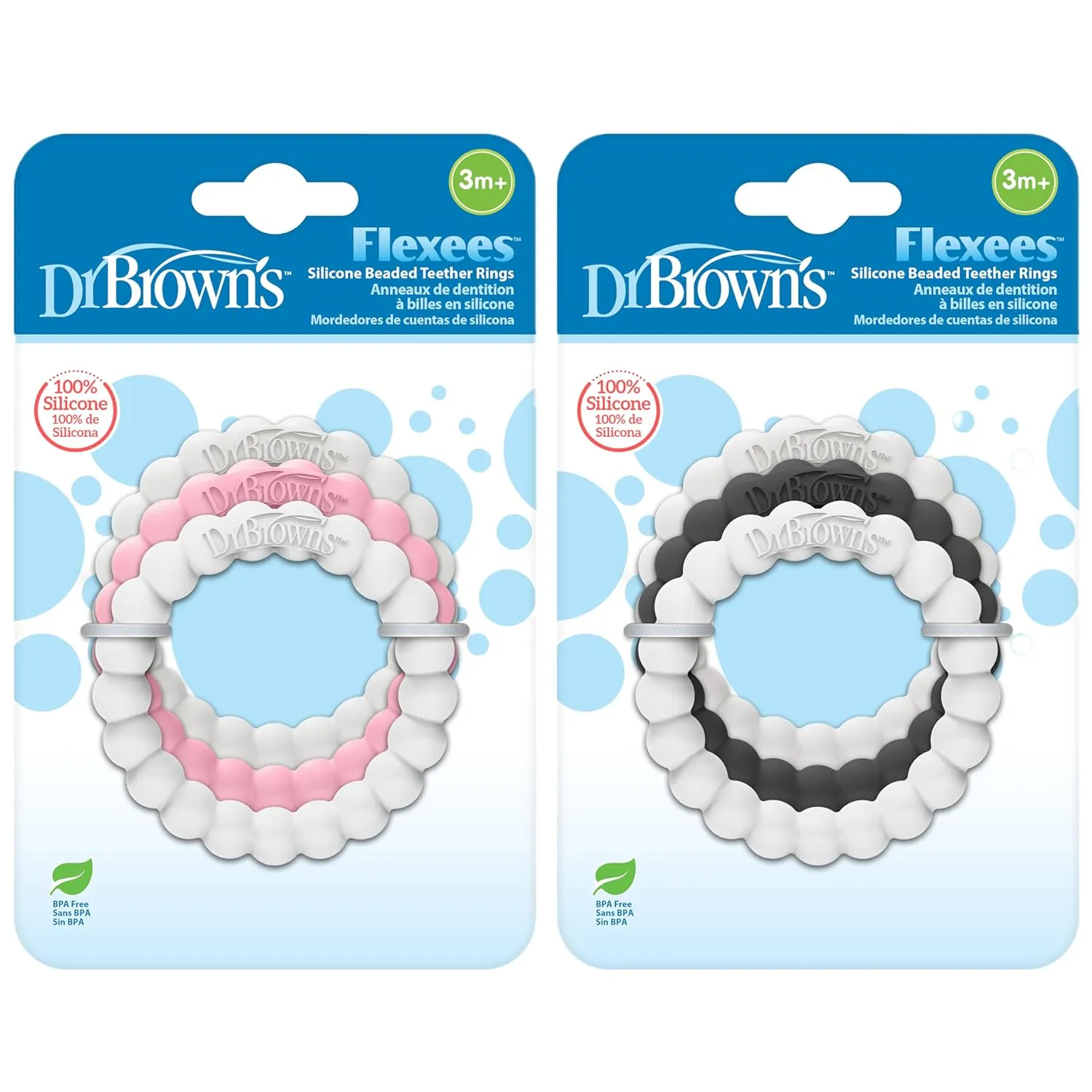 Dr. Brown's Flexees Beaded Baby Teether Rings,Soft 100% Silicone,6 Pack,Black,White,Gray,Pink,BPA Free,3m 