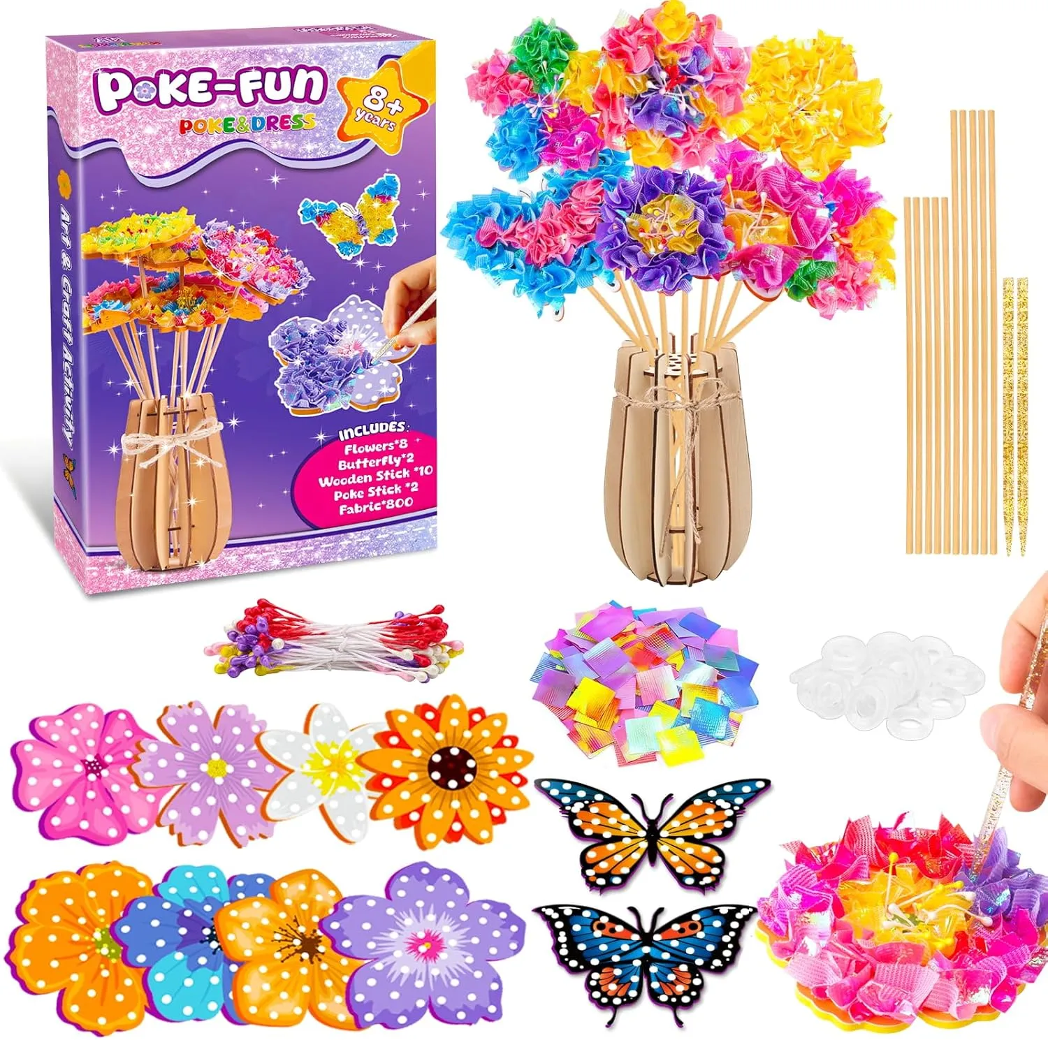 DREACAREFT Poke Art and Craft Flower Bouquet Kits for Girls, 8 Flowers & 2 Butterflies with Wooden Vase, Mess Free DIY Creative Activity, Birthday Gifts Toys for 5 6 7 8  Year Old Girls