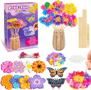 DREACAREFT Poke Art and Craft Flower Bouquet Kits for Girls, 8 Flowers & 2 Butterflies with Wooden Vase, Mess Free DIY Creative Activity, Birthday Gifts Toys for 5 6 7 8  Year Old Girls