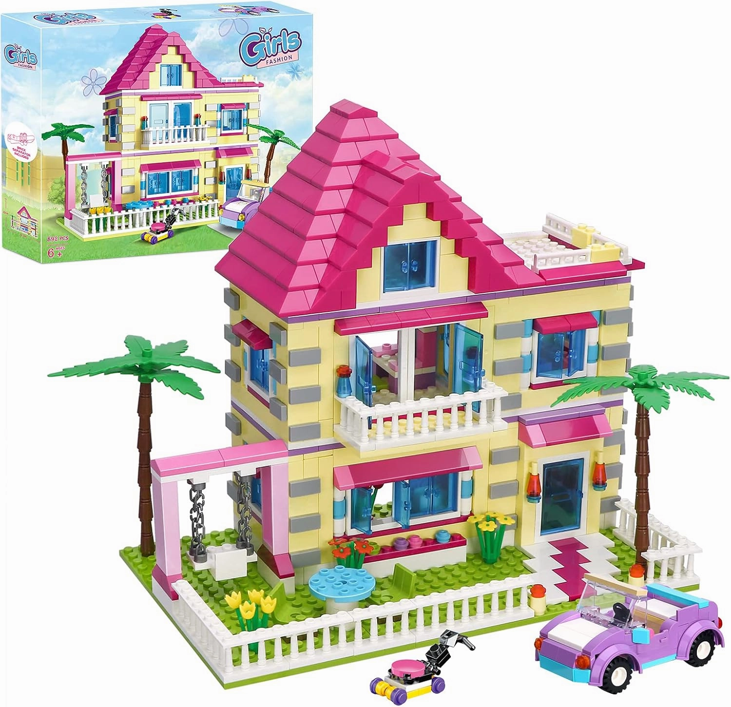 Dream Girls Friends House Building Set, Villa House Building Blocks Kit Included 4 Mini Toy Figures, a Buildable Car, Swing, for Girls Kids Aged 8 Years and Up, 892 PCS