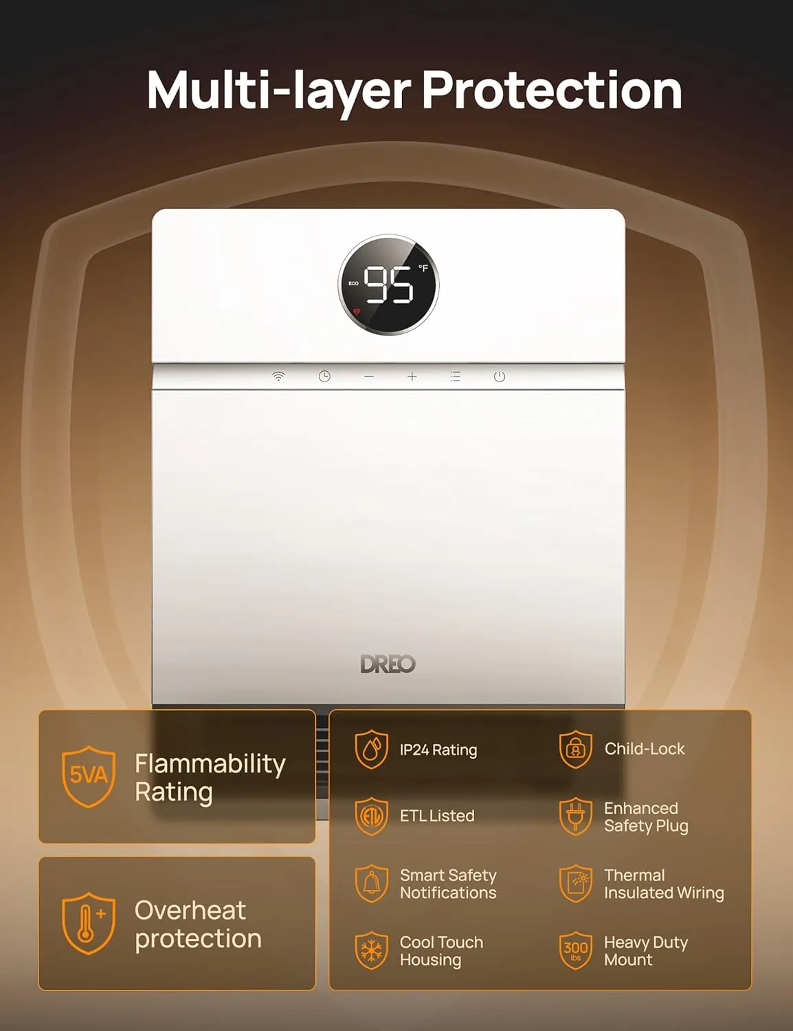 Dreo Smart Wall Heater, IP24 Electric PTC Space for Indoor Use, 30 Oscillation, Adjustable Thermostat, Remote Control, Works With Alexa, 24H Timer, Easy-Mounted for Bedroom, Office