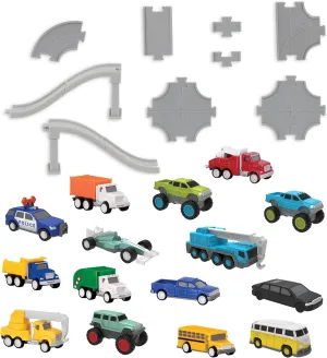 Driven by Battat – 61 Pcs Toy Car Pocket Playset 1:144 Scale – 15 Mini Cars Included & Accessories Car Track, Ramp & More – Gift Toy Car for Boys & Girls & Toddlers Age 3 