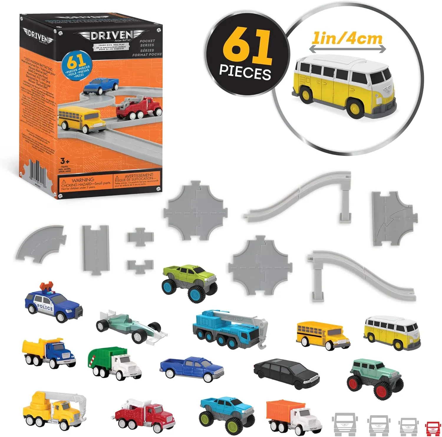 Driven by Battat – 61 Pcs Toy Car Pocket Playset 1:144 Scale – 15 Mini Cars Included & Accessories Car Track, Ramp & More – Gift Toy Car for Boys & Girls & Toddlers Age 3 